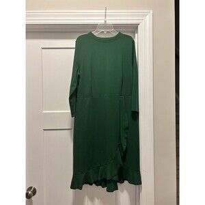 J Jill Ponte Jersey Dress Size Medium 3/4 Sleeves Ruffles Pockets Green Stretchy